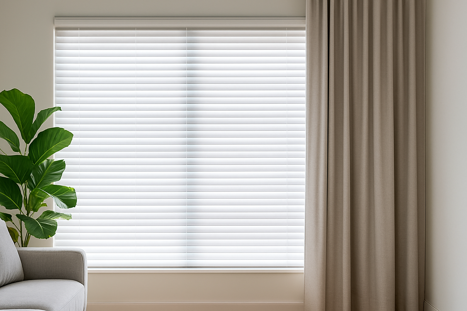 Fenêtre avec stores et rideaux neutres.