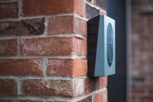 Sonnette vidéo connectée fixée à l'entrée d'une maison