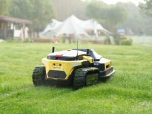 Tondeuse robot autonome tondant une pelouse verte